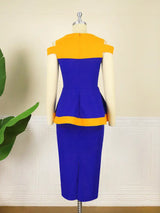 Women V Neck Color Block High Waist Peplum Dresses