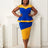 Women V Neck Color Block High Waist Peplum Dresses Blue / S