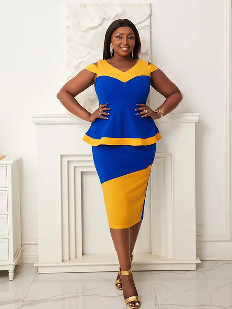 Women V Neck Color Block High Waist Peplum Dresses Blue / S