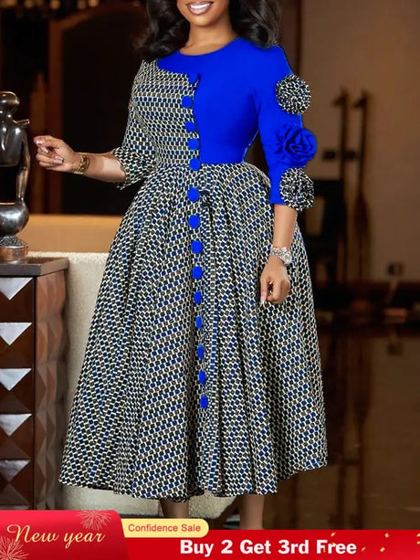 Women Vintage Elegant Patchwork Color Block Printed Dresses A Line Midi O Neck 3D Flower
