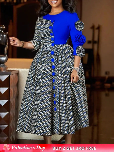 Women Vintage Elegant Patchwork Color Block Printed Dresses A Line Midi O Neck 3D Flower