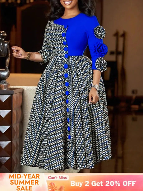 Women Vintage Elegant Patchwork Color Block Printed Dresses A Line Midi O Neck 3D Flower