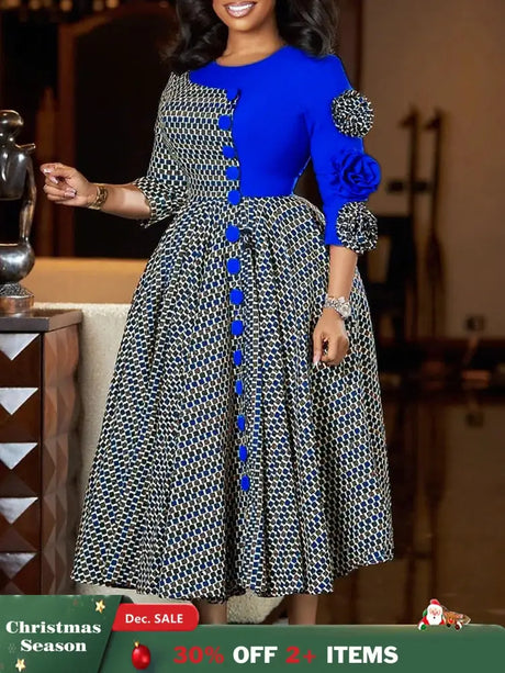 Women Vintage Elegant Patchwork Color Block Printed Dresses A Line Midi O Neck 3D Flower