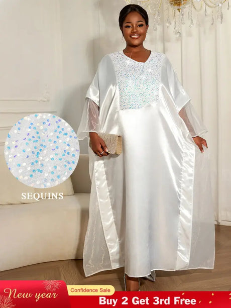 Women White Shiny Bubu Dresses Beading Mesh Patchwork Africa Clothes White / One Size