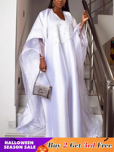 Women White Shiny Bubu Dresses Beading Mesh Patchwork Africa Clothes White / One Size