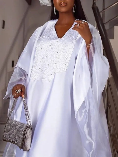 Women White Shiny Bubu Dresses Beading Mesh Patchwork Africa Clothes White / One Size