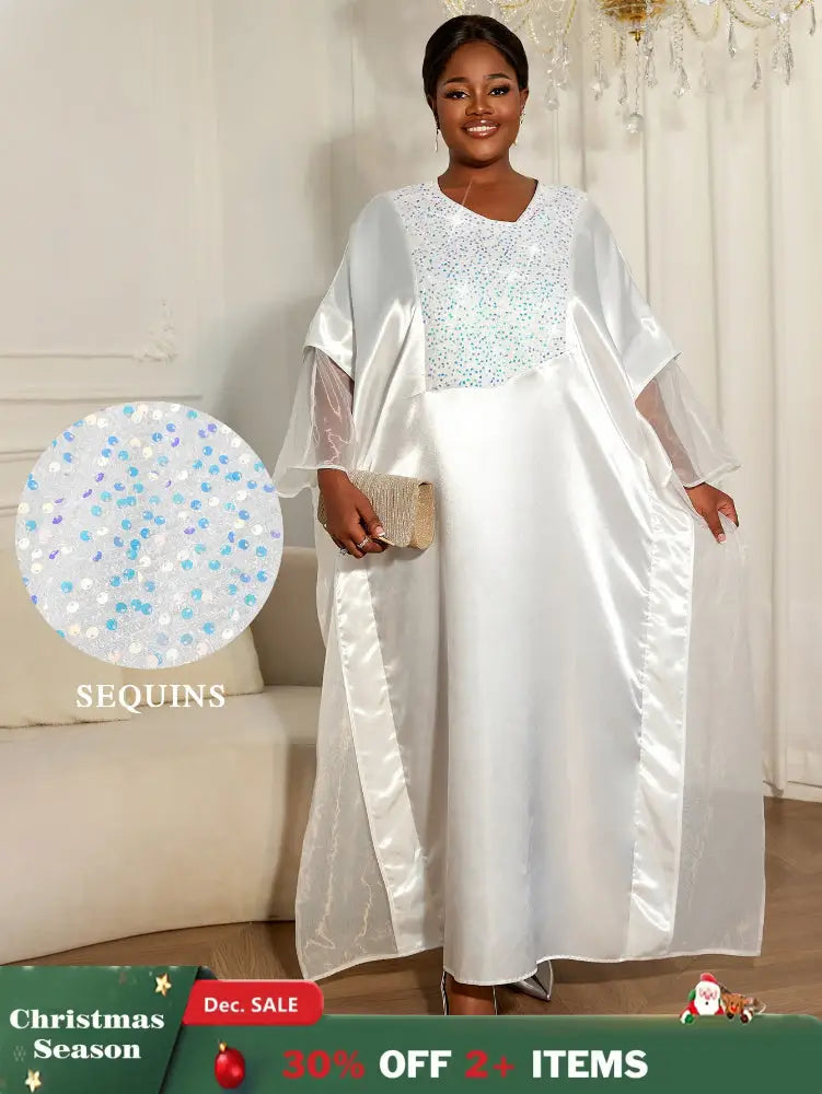 Women White Shiny Bubu Dresses Beading Mesh Patchwork Africa Clothes White / One Size