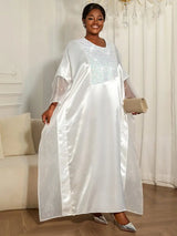 Women White Shiny Bubu Dresses Beading Mesh Patchwork Africa Clothes White / One Size