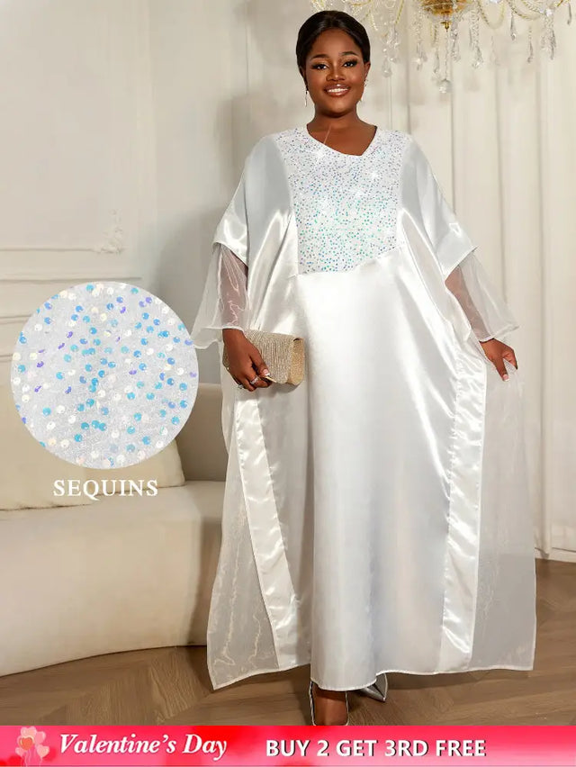 Women White Shiny Bubu Dresses Beading Mesh Patchwork Africa Clothes White / One Size