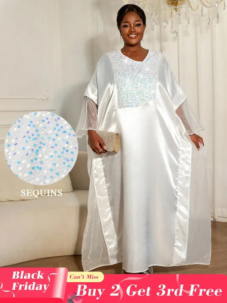 Women White Shiny Bubu Dresses Beading Mesh Patchwork Africa Clothes White / One Size