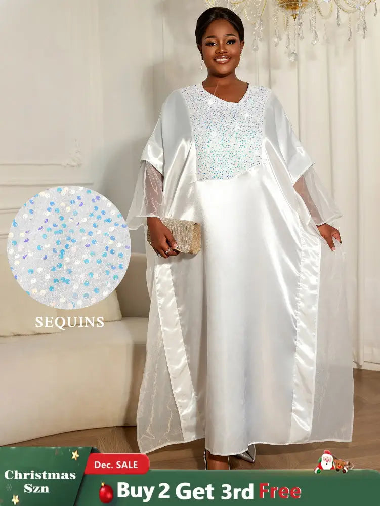 Women White Shiny Bubu Dresses Beading Mesh Patchwork Africa Clothes White / One Size
