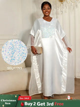 Women White Shiny Bubu Dresses Beading Mesh Patchwork Africa Clothes White / One Size