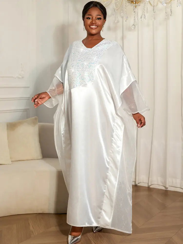 Women White Shiny Bubu Dresses Beading Mesh Patchwork Africa Clothes White / One Size