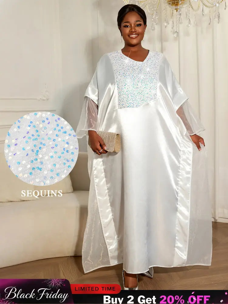 Women White Shiny Bubu Dresses Beading Mesh Patchwork Africa Clothes White / One Size