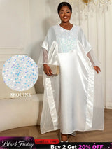 Women White Shiny Bubu Dresses Beading Mesh Patchwork Africa Clothes White / One Size