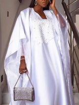 Women White Shiny Bubu Dresses Beading Mesh Patchwork Africa Clothes White / One Size