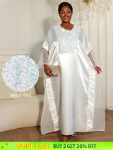 Women White Shiny Bubu Dresses Beading Mesh Patchwork Africa Clothes White / One Size
