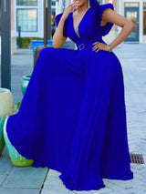 Women Wide Leg Jumpsuits Pleated High Waist V Neck Ruffles African Female One Piece Rompers