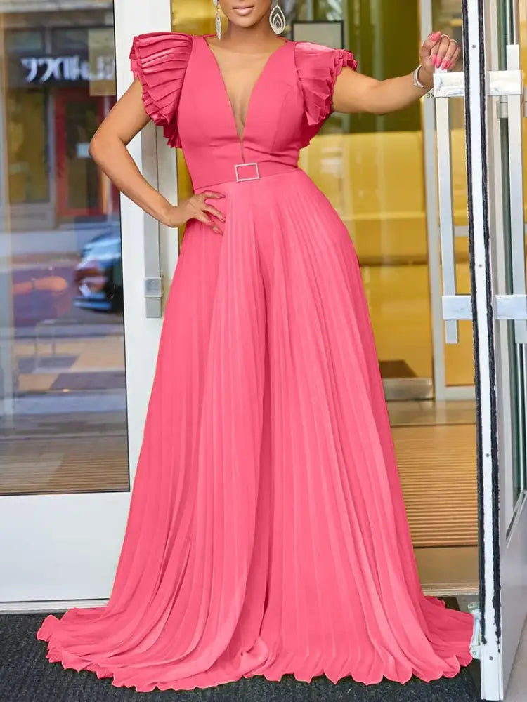 Women Wide Leg Jumpsuits Pleated High Waist V Neck Ruffles African Female One Piece Rompers Pink / S