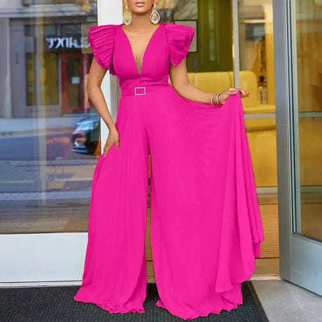 Women Wide Leg Jumpsuits Pleated High Waist V Neck Ruffles African Female One Piece Rompers Rose Red / S