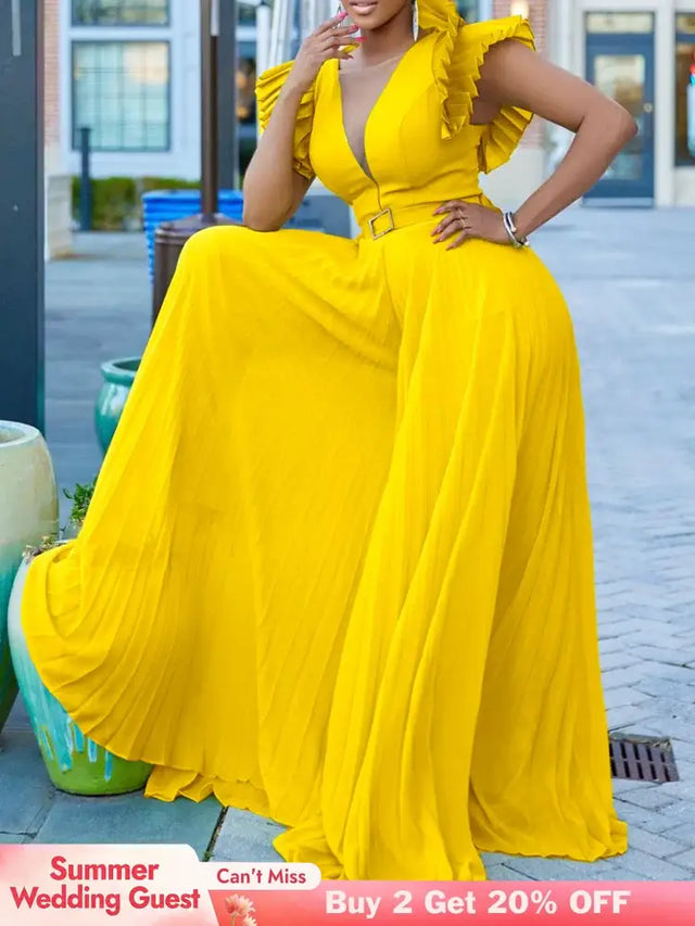 Women Wide Leg Jumpsuits Pleated High Waist V Neck Ruffles African Female One Piece Rompers Yellow / S