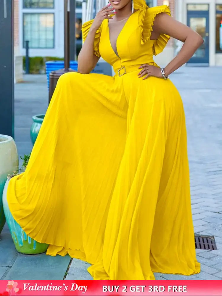 Women Wide Leg Jumpsuits Pleated High Waist V Neck Ruffles African Female One Piece Rompers Yellow / S