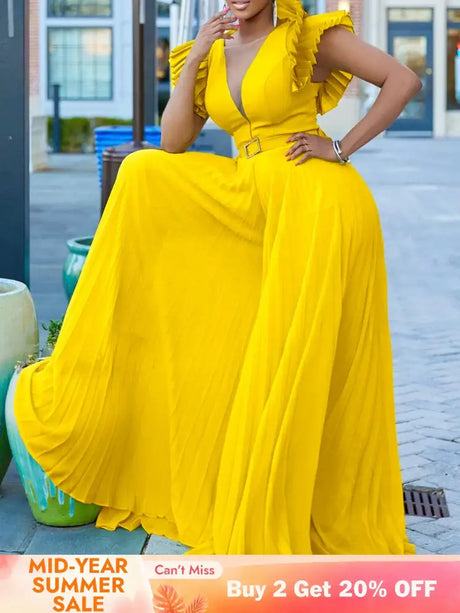 Women Wide Leg Jumpsuits Pleated High Waist V Neck Ruffles African Female One Piece Rompers Yellow / S