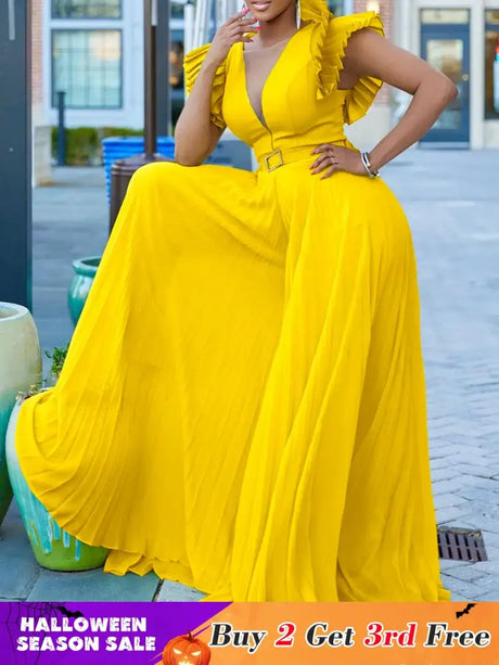 Women Wide Leg Jumpsuits Pleated High Waist V Neck Ruffles African Female One Piece Rompers Yellow / S