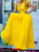 Women Wide Leg Jumpsuits Pleated High Waist V Neck Ruffles African Female One Piece Rompers Yellow / S