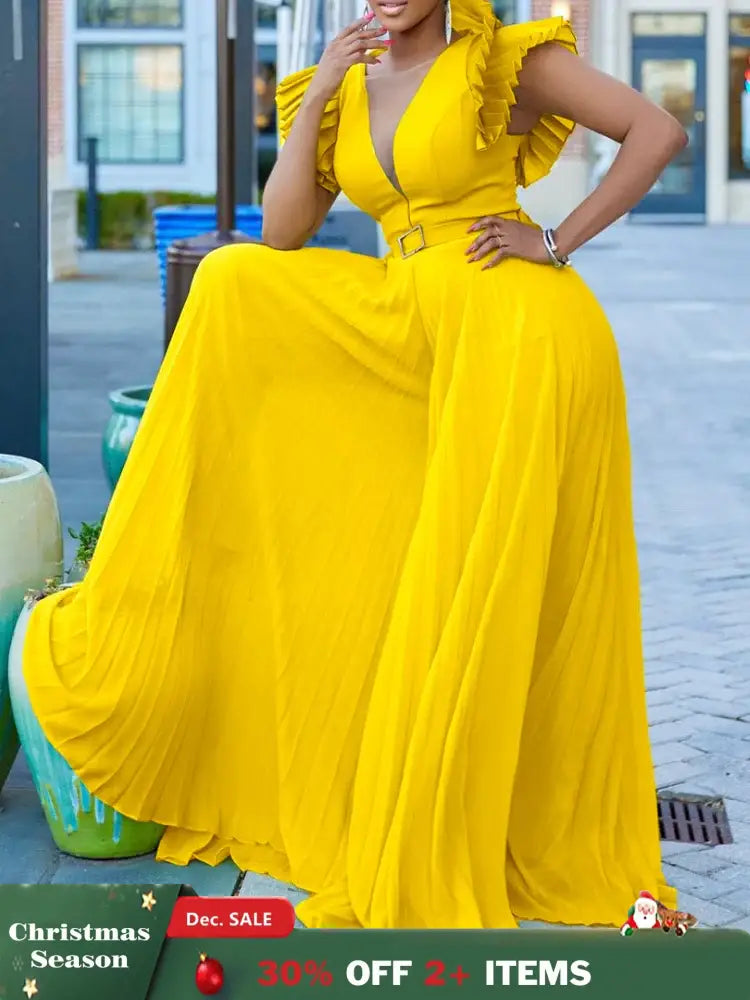 Women Wide Leg Jumpsuits Pleated High Waist V Neck Ruffles African Female One Piece Rompers Yellow / S