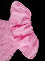 Women’s Pink Off Shoulder Dress Ruffled Puff Sleeves Floral Lace