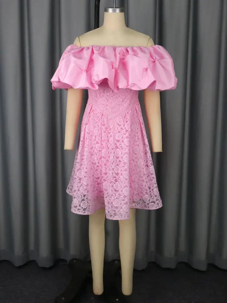 Women’s Pink Off Shoulder Dress Ruffled Puff Sleeves Floral Lace