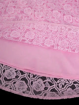 Women’s Pink Off Shoulder Dress Ruffled Puff Sleeves Floral Lace