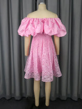 Women’s Pink Off Shoulder Dress Ruffled Puff Sleeves Floral Lace