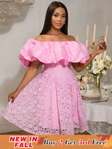 Women’s Pink Off Shoulder Dress Ruffled Puff Sleeves Floral Lace Pink / S