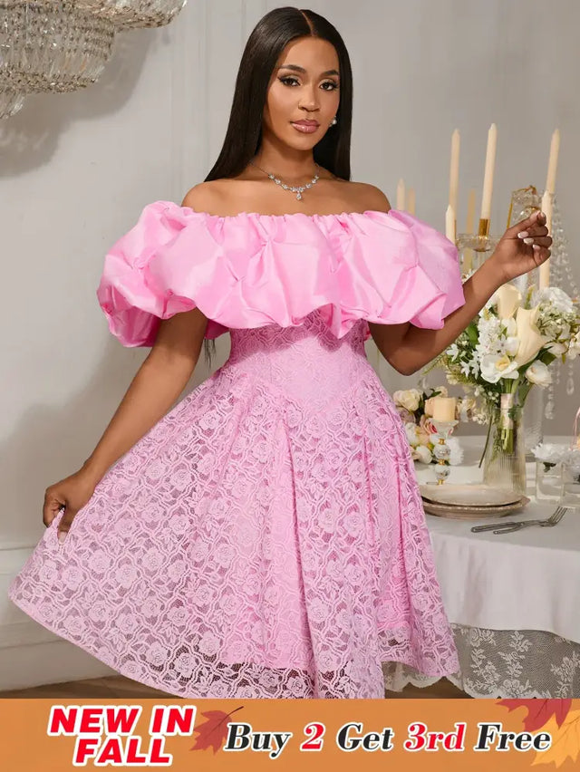 Women’s Pink Off Shoulder Dress Ruffled Puff Sleeves Floral Lace Pink / S