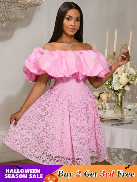 Women’s Pink Off Shoulder Dress Ruffled Puff Sleeves Floral Lace Pink / S