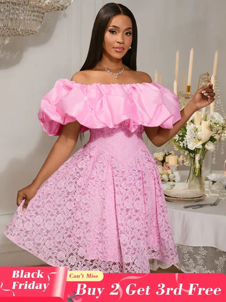 Women’s Pink Off Shoulder Dress Ruffled Puff Sleeves Floral Lace Pink / S