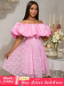 Women’s Pink Off Shoulder Dress Ruffled Puff Sleeves Floral Lace Pink / S