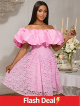 Women’s Pink Off-Shoulder Dress Ruffled Puff Sleeves Floral Lace Pink / S