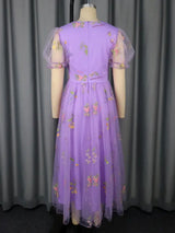 Women’s Purple Floral Embroidered Organza Dress Sweetheart Neck Puff Short Sleeves