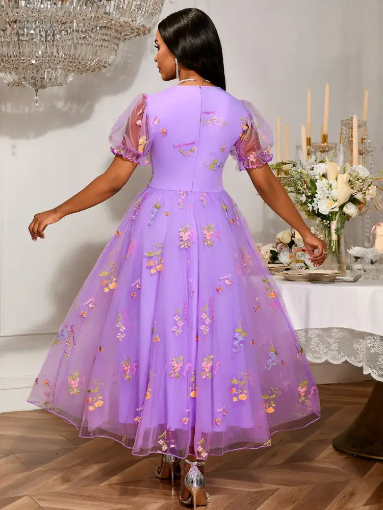 Women’s Purple Floral Embroidered Organza Dress Sweetheart Neck Puff Short Sleeves