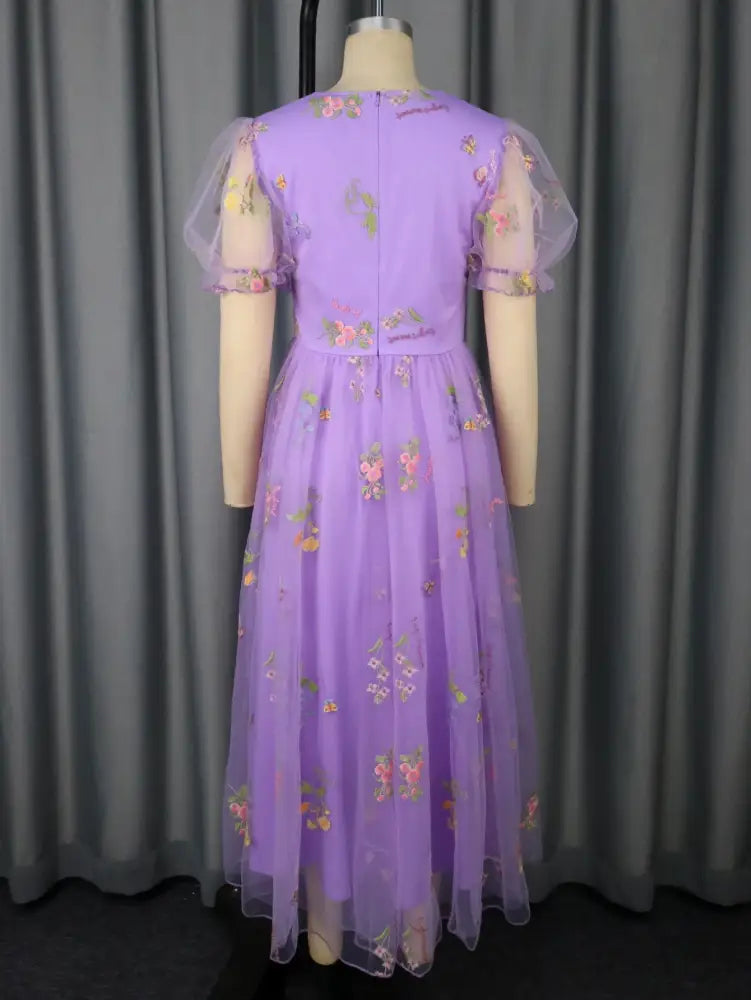 Women’s Purple Floral Embroidered Organza Dress Sweetheart Neck Puff Short Sleeves