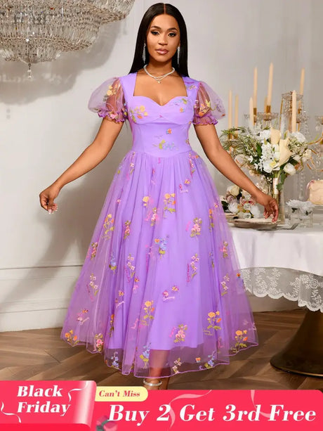 Women’s Purple Floral Embroidered Organza Dress Sweetheart Neck Puff Short Sleeves Purple / S