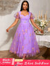 Women’s Purple Floral Embroidered Organza Dress Sweetheart Neck Puff Short Sleeves Purple / S