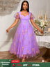 Women’s Purple Floral Embroidered Organza Dress Sweetheart Neck Puff Short Sleeves Purple / S