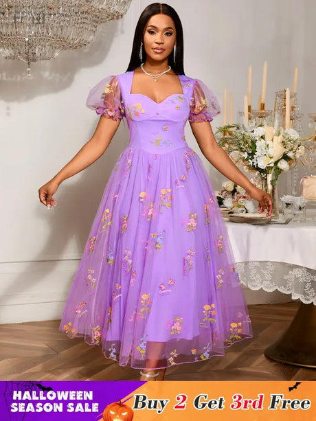 Women’s Purple Floral Embroidered Organza Dress Sweetheart Neck Puff Short Sleeves Purple / S