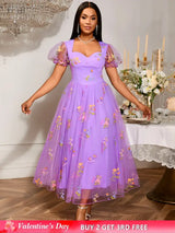 Women’s Purple Floral Embroidered Organza Dress Sweetheart Neck Puff Short Sleeves Purple / S