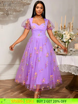 Women’s Purple Floral Embroidered Organza Dress Sweetheart Neck Puff Short Sleeves Purple / S