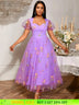 Women’s Purple Floral Embroidered Organza Dress Sweetheart Neck Puff Short Sleeves Purple / S